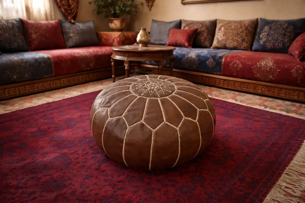 Small Handmade Moroccan Leather Pouf:(FILLED)