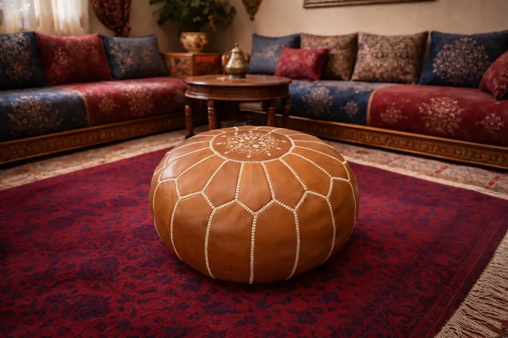 Small Handmade Moroccan Leather Pouf:(FILLED)
